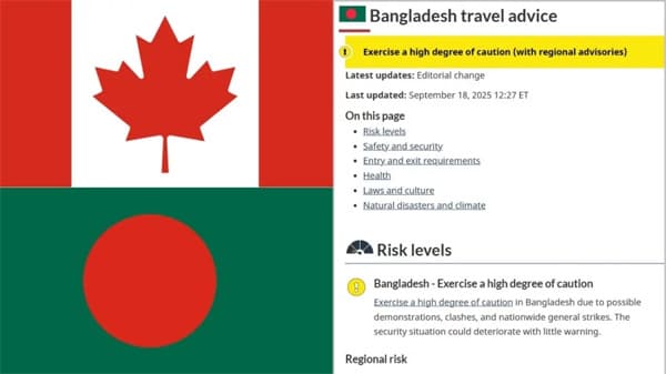 বাংলাদেশ ভ্রমণে কানাডার নাগরিকদের জন্য উচ্চমাত্রার সতর্কতা