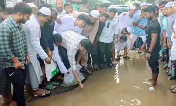 গর্তে মাছ ছেড়ে দেবীদ্বারে রাস্তাঘাট সংস্কারের দাবি হাসানাত আবদুল্লাহর