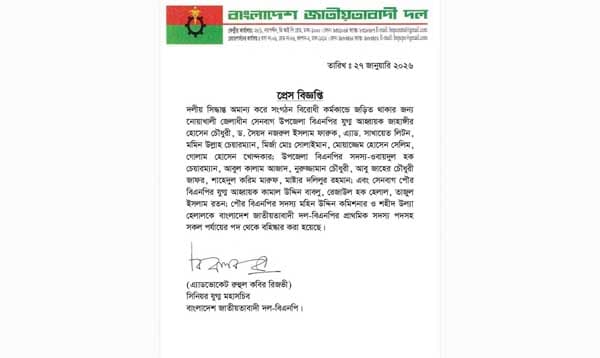 বিদ্রোহী প্রার্থীর পক্ষে প্রচারণা: নোয়াখালীতে বিএনপির ১৮ নেতা বহিষ্কার