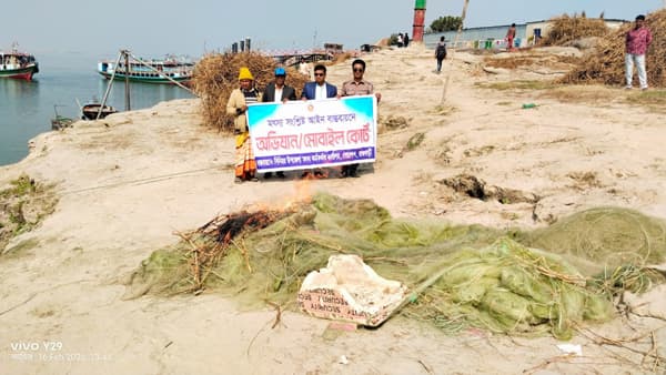 পদ্মায় জাটকা সংরক্ষণ অভিযানে জাল জব্দ, এক জেলে আটক