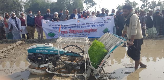 নকলায় রাইস ট্রান্সপ্লান্টারে সমলয়ে বোরো ধানের চারা রোপন উদ্বোধন