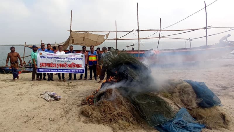 জাটকা সংরক্ষণ সপ্তাহ উপলক্ষে পদ্মা নদীতে বাঁশের বাঁধ, কারেন্ট জাল ধ্বংস