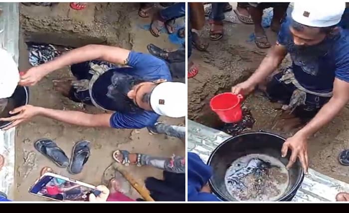 গর্ত থেকে বের হচ্ছে তেল, কাড়াকাড়ি