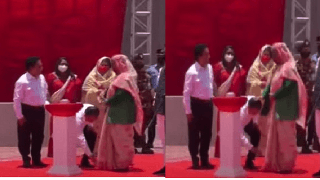 প্রধানমন্ত্রীকে পা ছুঁয়ে সালাম করলেন আবুল হোসেন