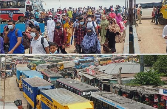 লকডাউন শিথিল :দৌলতদিয়া ঘাটে গরুবাহী ট্রাক ও বাসের দীর্ঘ সারি