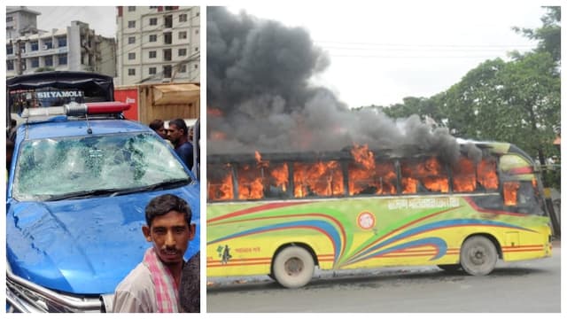 শ্যামলীতে পুলিশের গাড়ি ভাঙচুর, বাসে আগুন