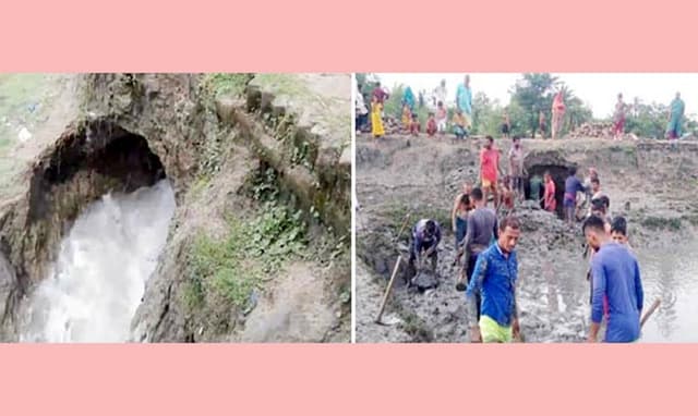 আশাশুনিতে বেড়িবাঁধ পেরিয়ে লোকালয়ে পানি, এলাকাবাসীর আতঙ্ক