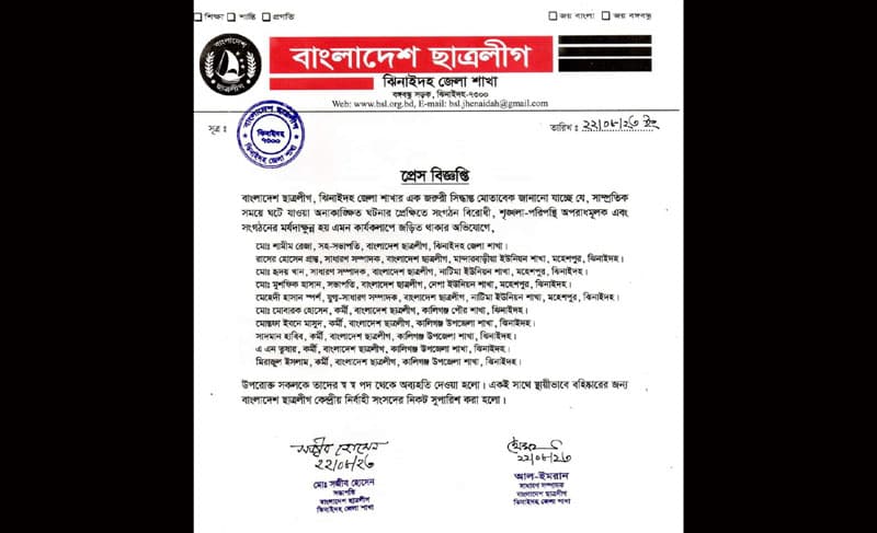 সাঈদীকে নিয়ে ফেসবুকে পোস্ট, ঝিনাইদহ ছাত্রলীগের ১০ নেতাকর্মী বহিষ্কার