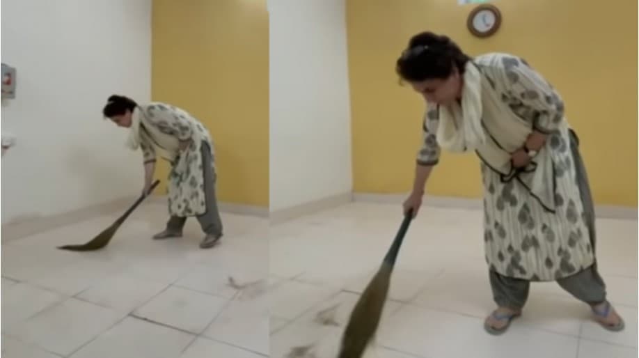 আটকের পর রুম ঝাড়ু দিলেন প্রিয়াঙ্কা গান্ধী (ভিডিও)