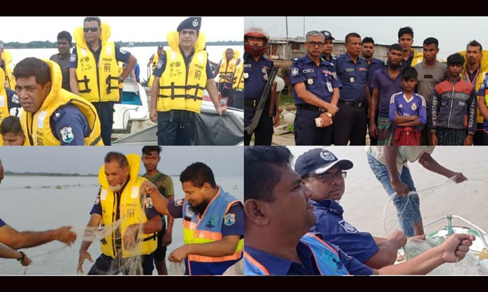 বরিশালে নৌপুলিশের অভিযানে বিপুল কারেন্ট জাল ও মাছ জব্দ