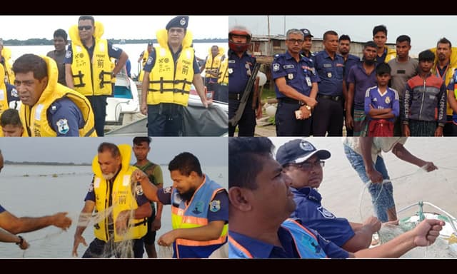 বরিশালে নৌপুলিশের অভিযানে বিপুল কারেন্ট জাল ও মাছ জব্দ