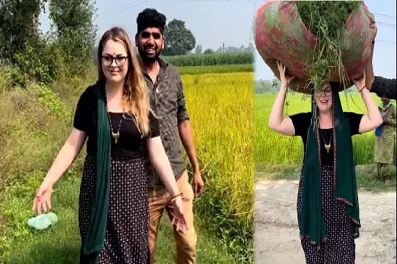 স্বামীর সহযোগিতায় মাথায় ঘাসের বোঝা নিয়ে ভাইরাল বিদেশি বধূ!