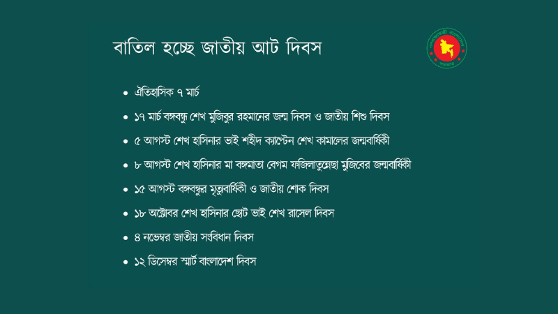 আওয়ামী আমলের বিশেষ ভাবে পালিত দিবস গুলো বাতিল করা হয়েছে