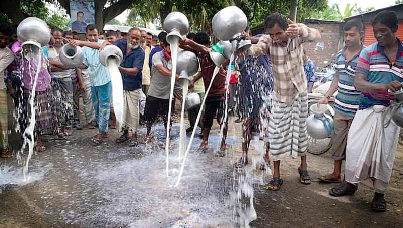 ন্যায্য দাম না পাওয়ায় রাস্তায় দুধ ঢেলে প্রতিবাদ