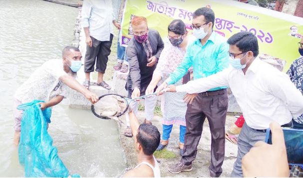 আশাশুনিতে মৎস্য সপ্তাহে প্রামাণ্যচিত্র প্রদর্শন ও মাছের পোনা অবমুক্ত