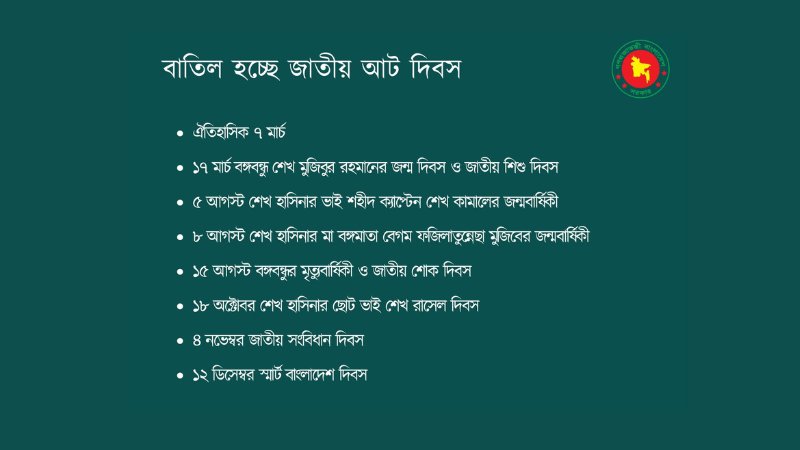 আওয়ামী আমলের বিশেষ ভাবে পালিত দিবস গুলো বাতিল করা হয়েছে