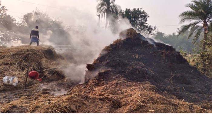 ধামইরহাটে নির্বাচনী সহিংসতা, খড়ের গাদায় আগুন